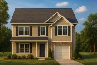 Front view of a Traditional Colonial style home featuring a balanced facade, horizontal siding with stone accents, black shutters, and a single-car garage.