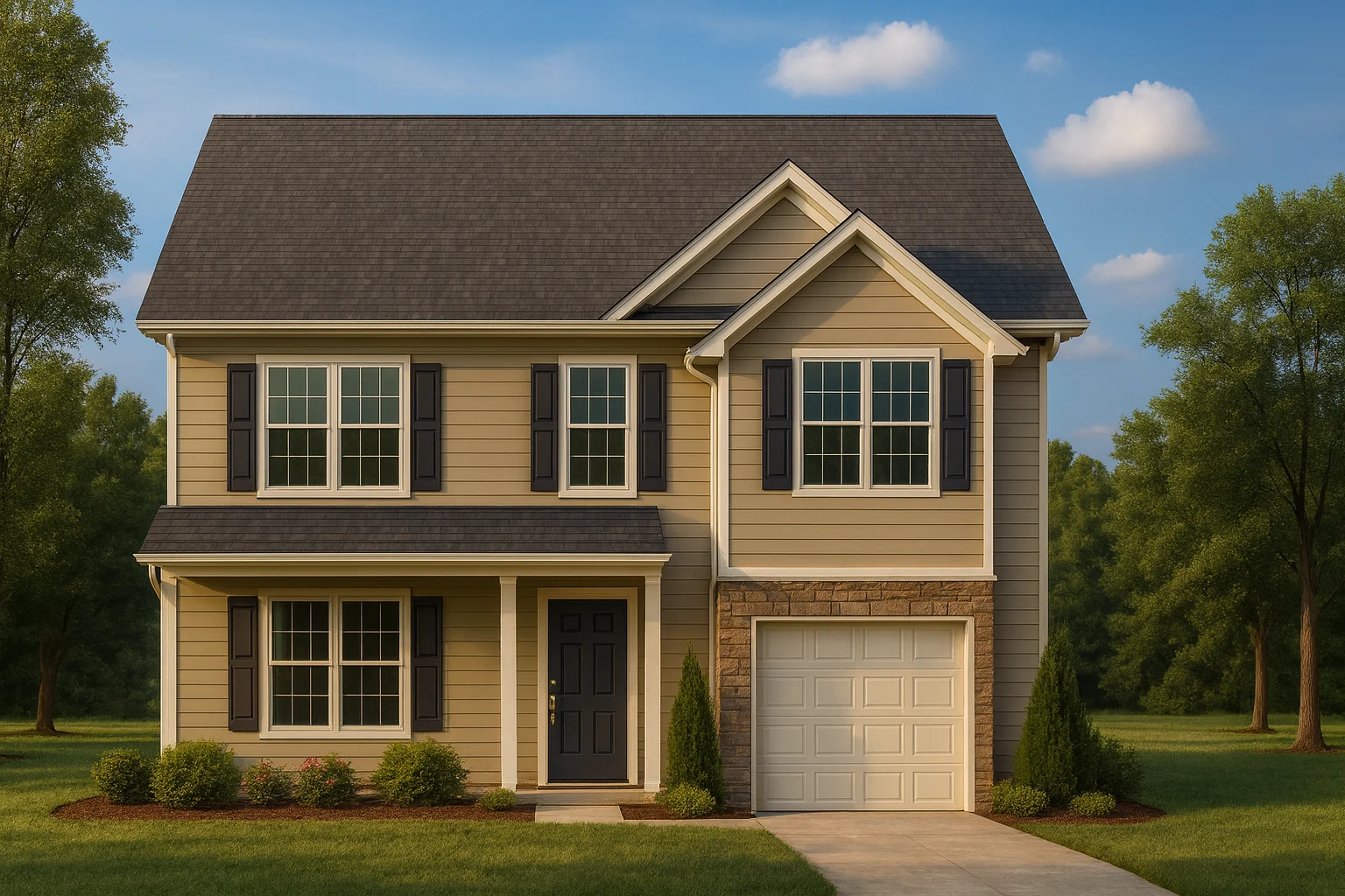 Front view of a Traditional Colonial style home featuring a balanced facade, horizontal siding with stone accents, black shutters, and a single-car garage.