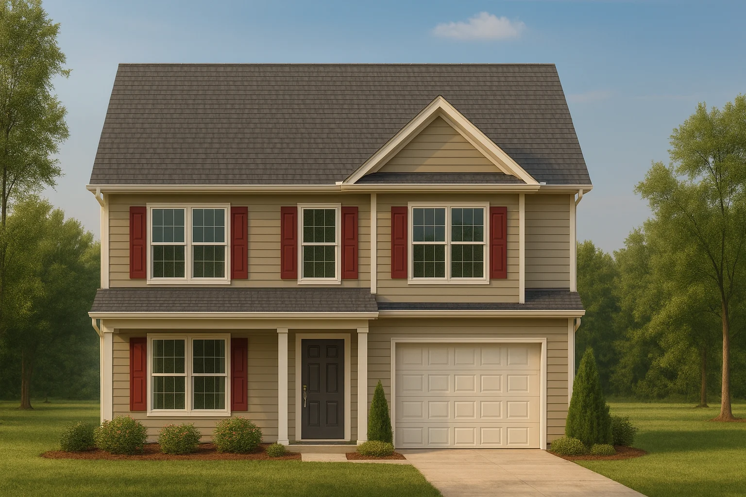 Front view of a Traditional Colonial style home featuring beige horizontal siding, red shutters, and a single-car garage with a covered porch entry