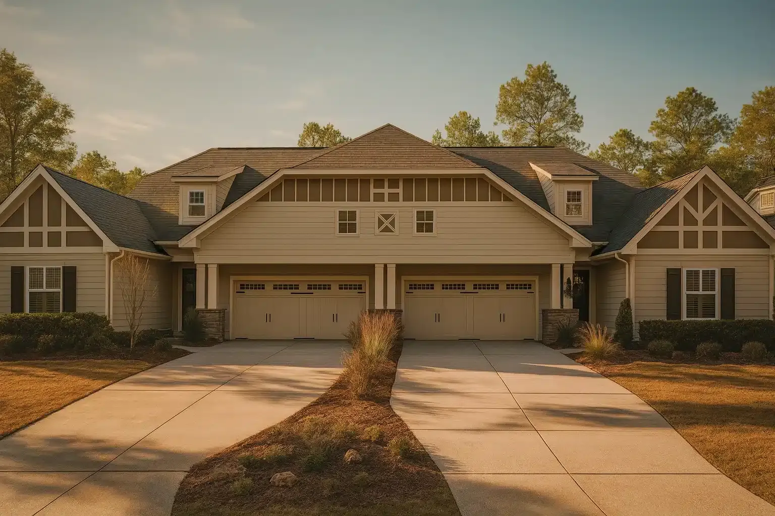 Front elevation of a Traditional Craftsman duplex featuring stone accents, horizontal lap siding, and board-and-batten gables with twin garages