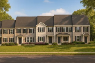 Front elevation of a Colonial and Traditional style townhome featuring symmetrical design, gable accents, and horizontal siding exterior under a dark shingle roof.