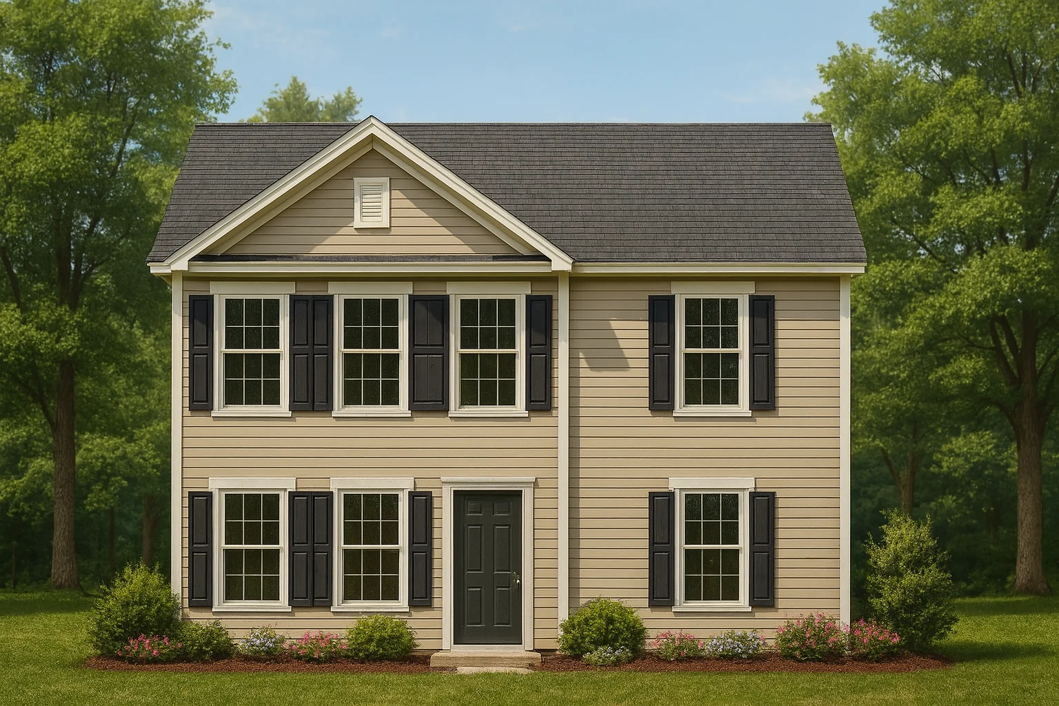 Front elevation of a Traditional Colonial style home featuring tan horizontal siding, black shutters, and a symmetrical façade with a centered entry door.