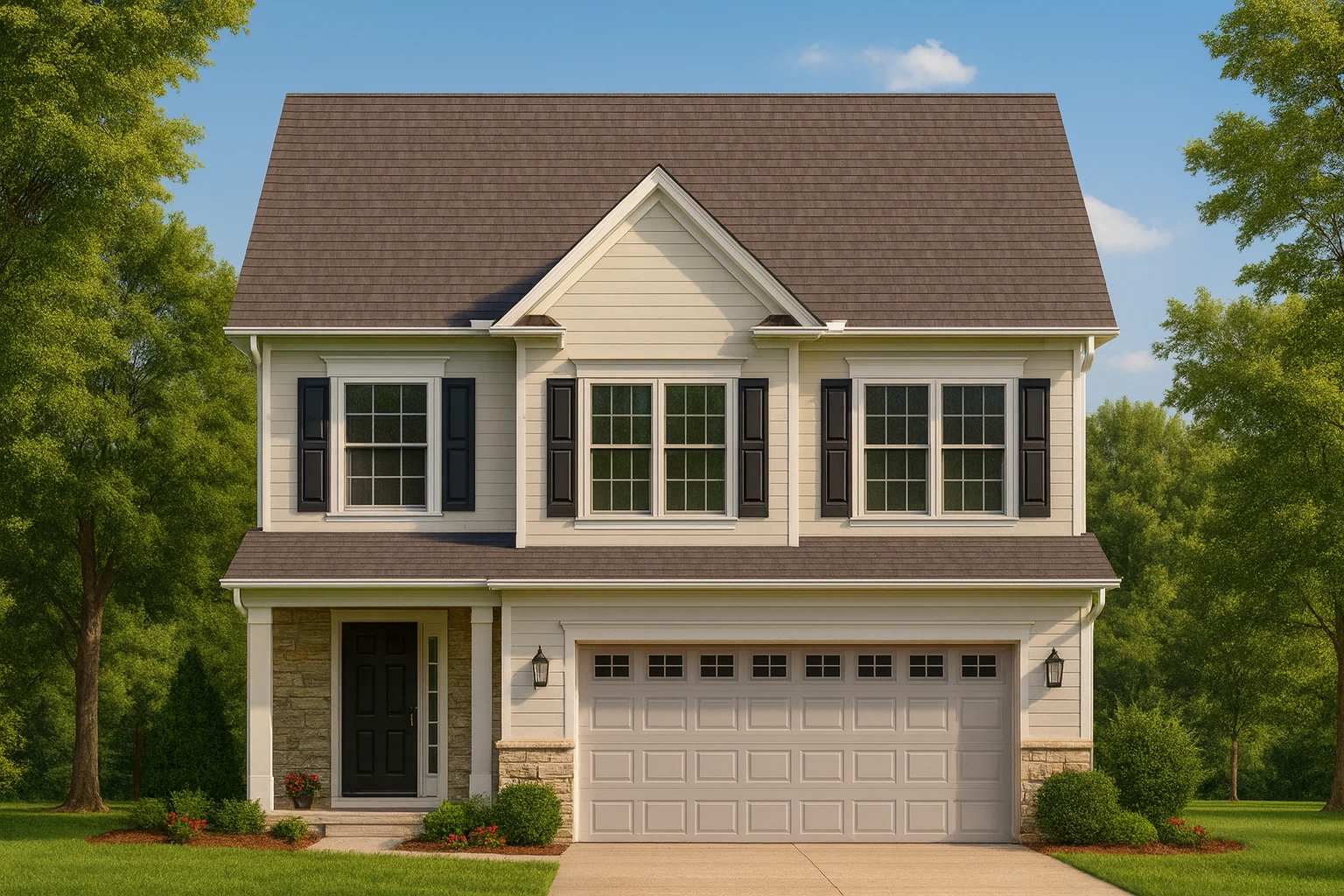 Front elevation of a Traditional Colonial style home featuring a balanced two-story design with horizontal siding, stone accents, and black shutters.