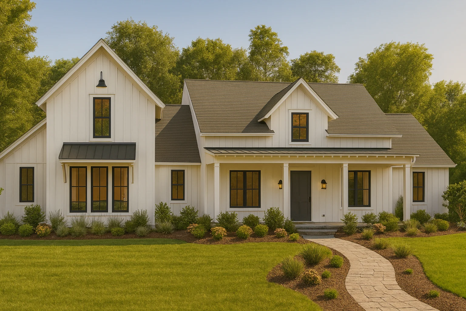 4 Bedroom House Plans 2 Front elevation of modern farmhouse home with white board and batten siding, black windows, gabled rooflines, and covered front porch