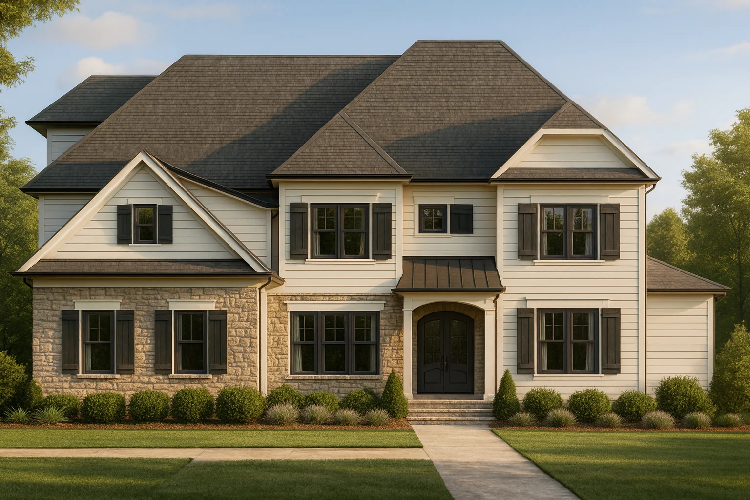 Front elevation of a New American Colonial style home with stone veneer, horizontal siding, black shutters, and symmetrical two-story design