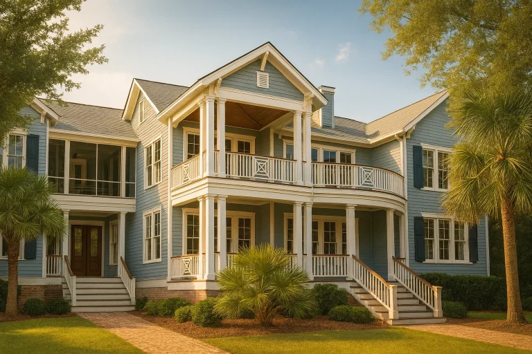 House Plans 8 Front elevation of a Low Country coastal home with double stacked porches, lap siding exterior, and Charleston-style columns