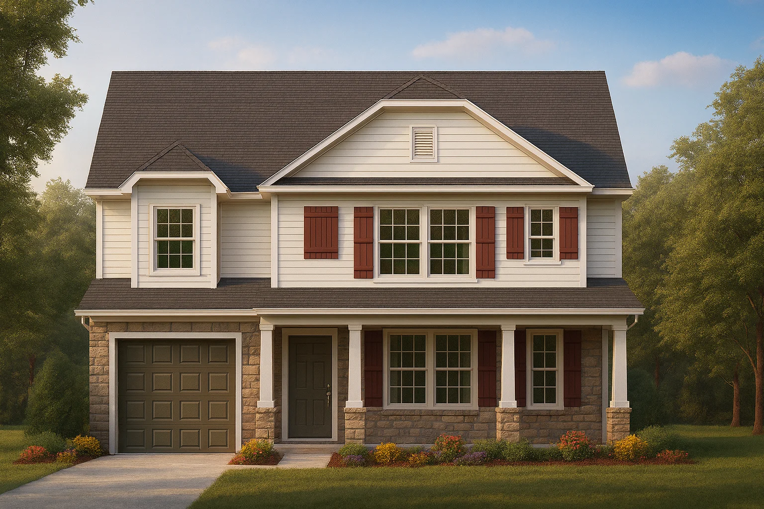 Front view of a Traditional Colonial style house featuring horizontal siding, stone base, red shutters, and a one-car garage with covered porch entry.