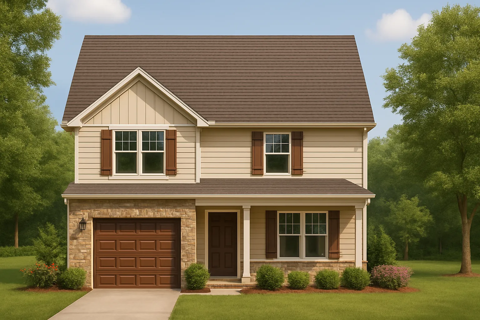 Front view of a Traditional Colonial style home featuring stone accents, horizontal siding, board and batten gable detailing, and brown shutters for a timeless American look