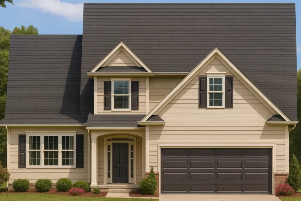 Front view of a Traditional Colonial Revival style house featuring beige horizontal siding, dark shutters, and brick foundation accents beneath a steep gable roof.