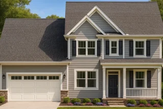 Front elevation of a Traditional Colonial style home featuring gray horizontal siding, black shutters, white trim, and a two-car garage