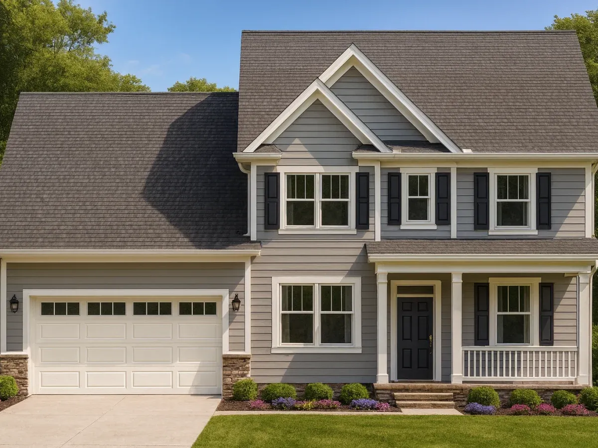Front elevation of a Traditional Colonial style home featuring gray horizontal siding, black shutters, white trim, and a two-car garage