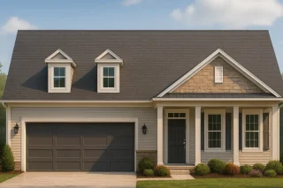 Front elevation of a Traditional Ranch style house featuring a mix of horizontal siding and stone accents with a gabled roof and dormer windows