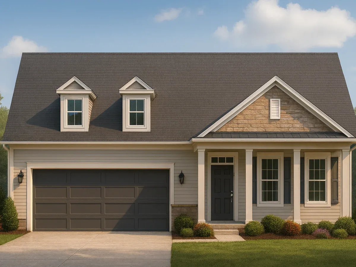 Front elevation of a Traditional Ranch style house featuring a mix of horizontal siding and stone accents with a gabled roof and dormer windows