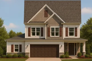 Front view of a Traditional Colonial Revival home with horizontal siding, shingle detailing, stone veneer, and brown shutters for classic curb appeal
