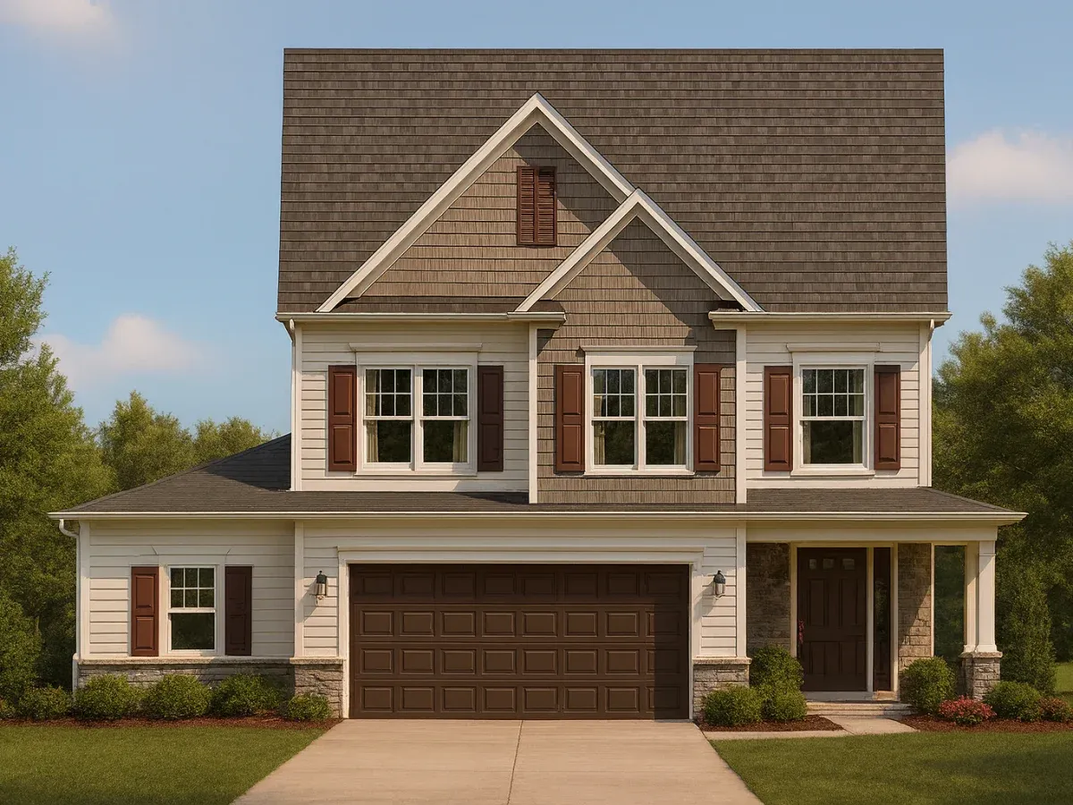 Front view of a Traditional Colonial Revival home with horizontal siding, shingle detailing, stone veneer, and brown shutters for classic curb appeal