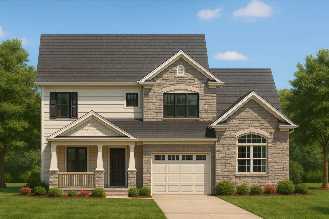 Front elevation of a Traditional Colonial style home featuring a stone and horizontal siding exterior, gable rooflines, and welcoming front porch entry