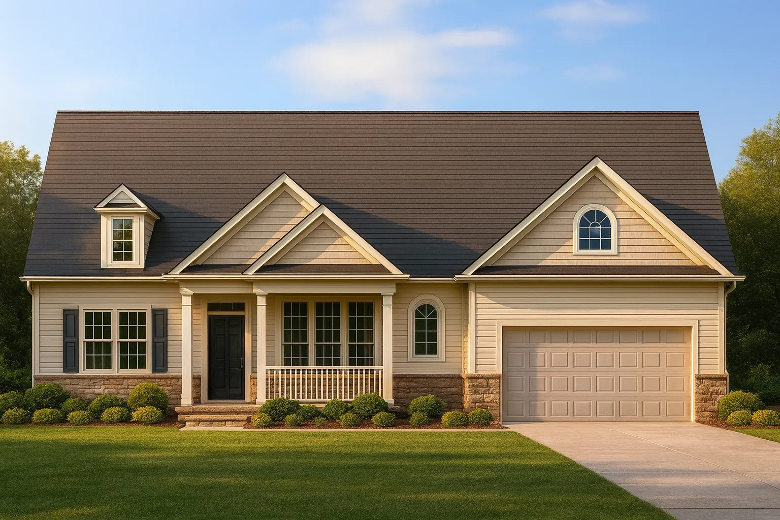 Front view of a Traditional Colonial style home featuring beige siding, stone base accents, black shutters, and a welcoming covered front porch entry