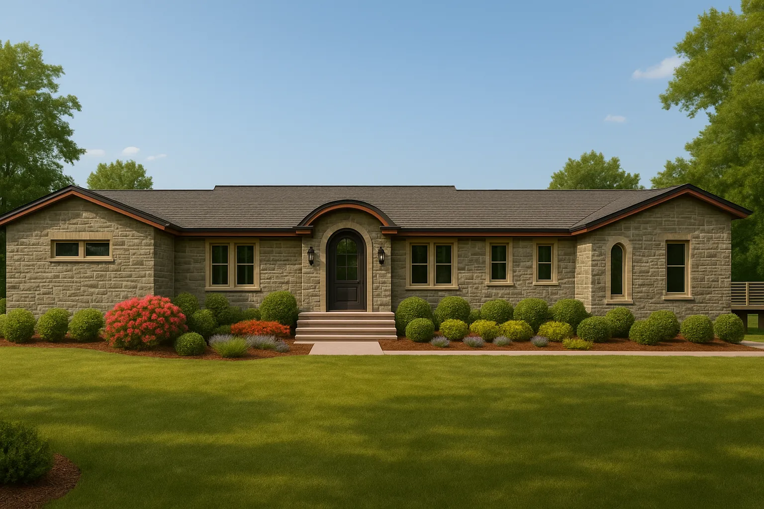 Front elevation of a Traditional Ranch style house featuring a full stone exterior, symmetrical façade, arched front entryway, and manicured landscaping.