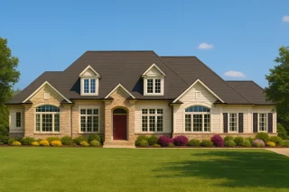 2 Bedroom House Plans 6 Front elevation of a Traditional Transitional style home featuring stone and horizontal siding, gabled rooflines, and red front door entry