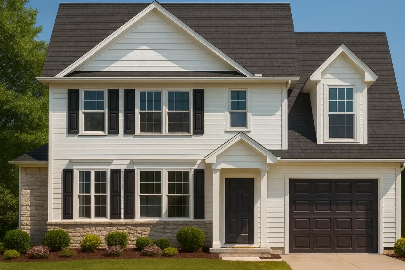 Front view of a two-story Traditional Colonial home featuring horizontal lap siding, black shutters, stone wainscoting, and an attached single-car garage.