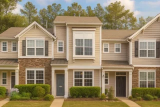 Front elevation of a Traditional Townhouse featuring stone veneer accents, horizontal siding, and symmetrical modern-traditional design details
