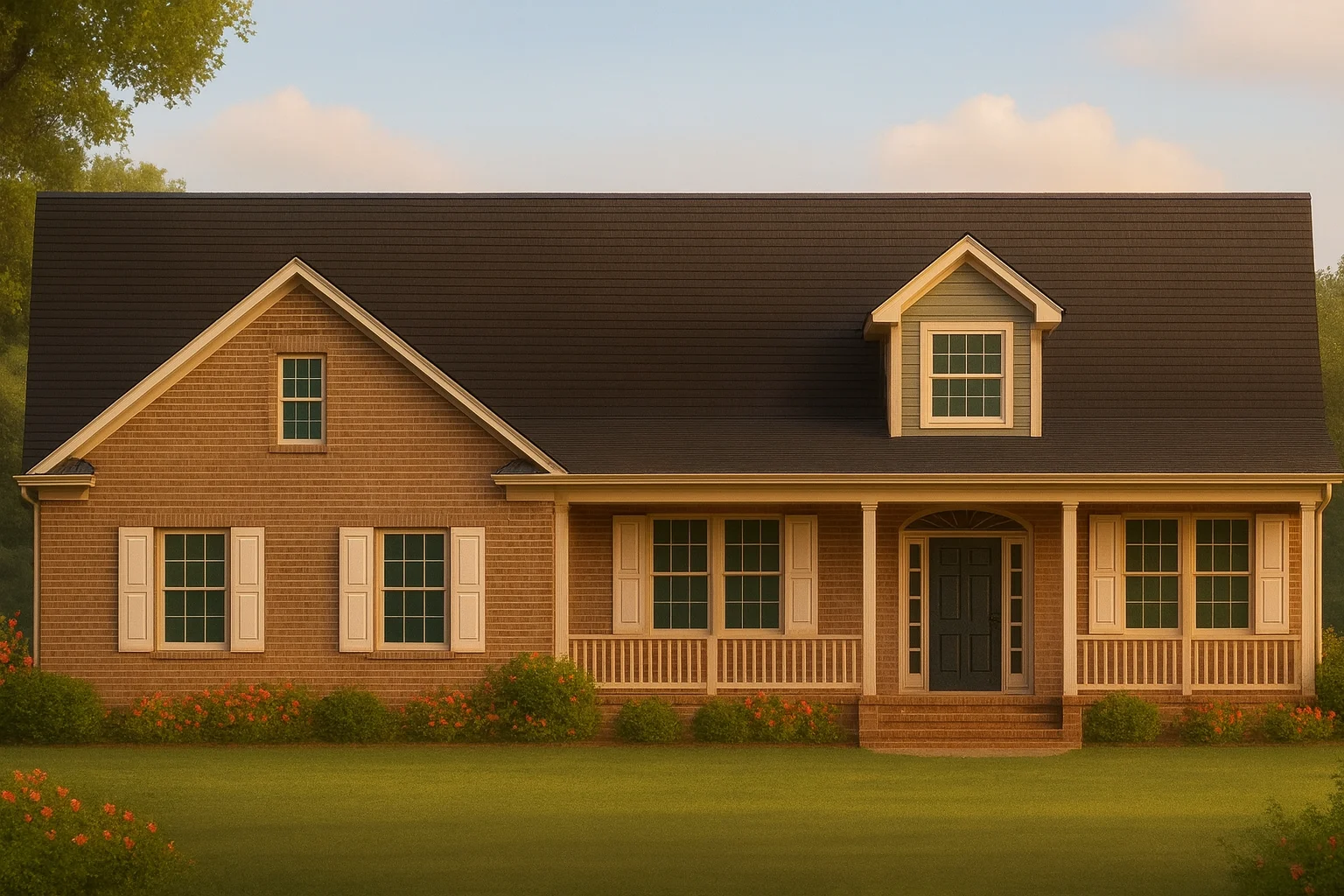 Front view of a Traditional Ranch style home with Colonial influences featuring a full brick exterior, symmetrical windows with shutters, and a covered front porch.