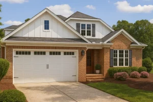 Traditional farmhouse craftsman 1.5-story brick home with front-entry garage and dormer windows