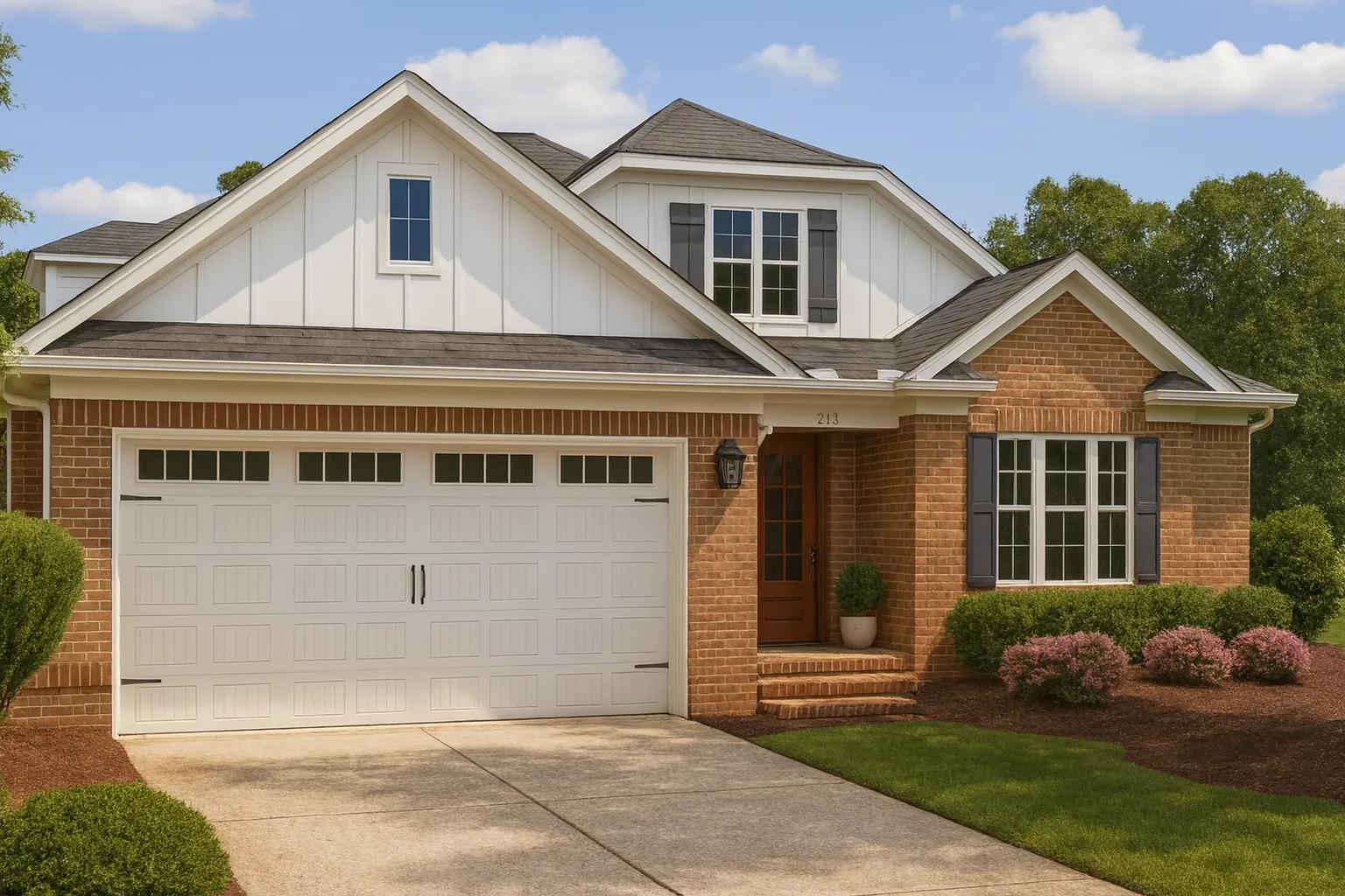 Traditional farmhouse craftsman 1.5-story brick home with front-entry garage and dormer windows