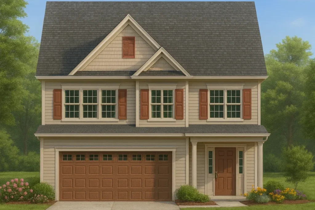 Front elevation of a Traditional Colonial style home featuring horizontal siding, shingle gable detailing, red shutters, and a two-car garage beneath symmetrical upper windows.
