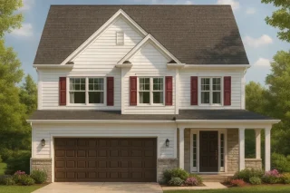 Front view of a Traditional Colonial style house featuring white horizontal siding, stone foundation accents, red shutters, and a welcoming covered entry porch