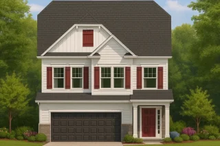 Front elevation of a Traditional Colonial style home featuring white board and batten siding, stone base accents, red shutters, and a dark shingle roof.