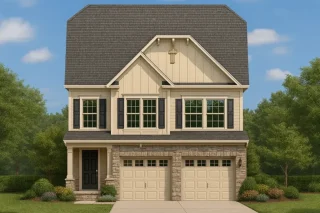 Front elevation of a Traditional New American style home featuring stone on the lower facade, board-and-batten siding above, and a two-car garage with black shutters and gable detailing