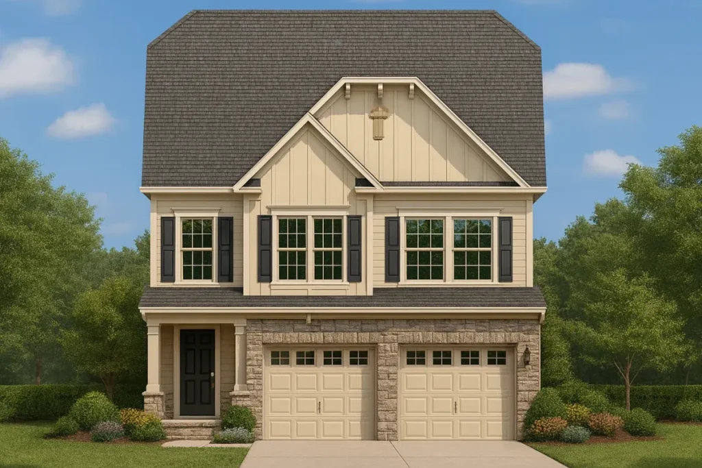 Front elevation of a Traditional New American style home featuring stone on the lower facade, board-and-batten siding above, and a two-car garage with black shutters and gable detailing