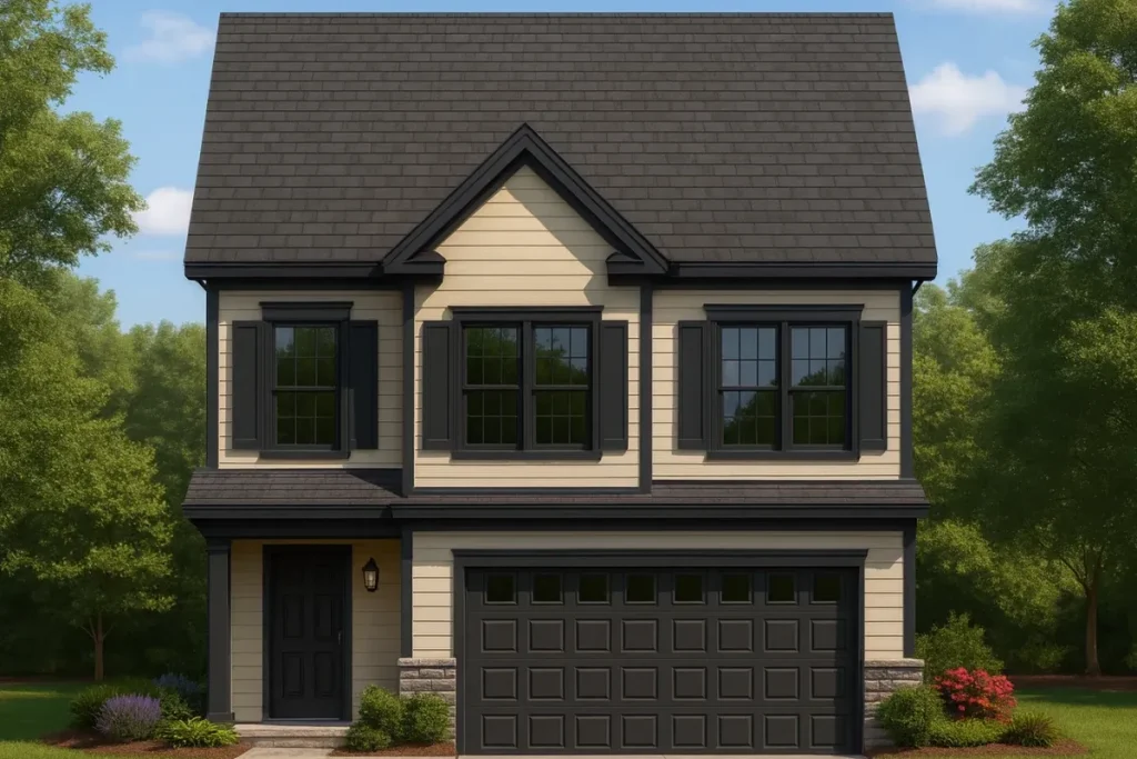 Front view of a Traditional Colonial style house with horizontal siding, black shutters, and stone-accented base creating a balanced and timeless suburban appearance