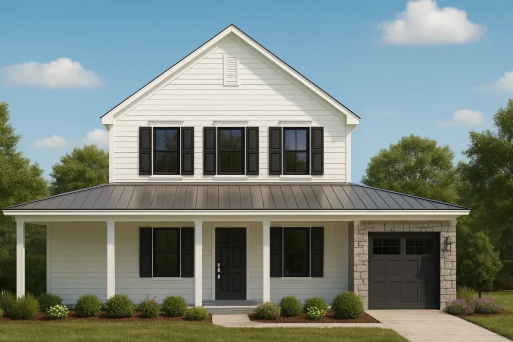 Front view of a two-story Modern Farmhouse home with board and batten siding, black shutters, metal roof, and stone accents around the garage entry