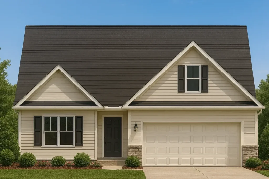 Front elevation of a Traditional Ranch style home with beige horizontal siding, black shutters, and partial stone base accents under a steep gable roof.