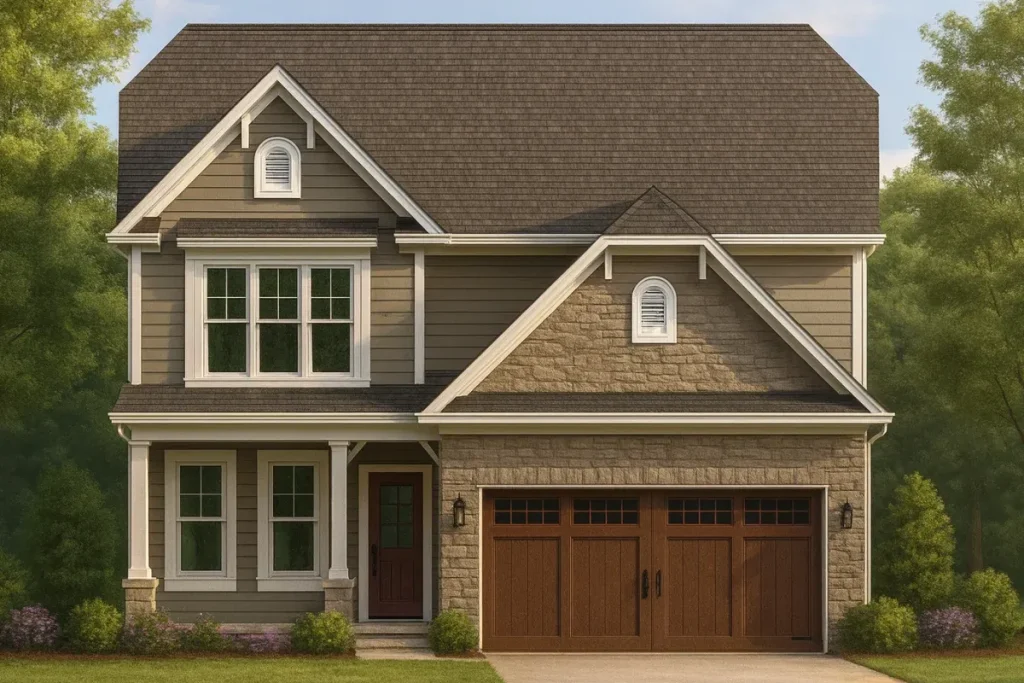 Affordable House Plans 8 Front view of a Traditional Colonial style home featuring a stone and horizontal siding exterior, gabled rooflines, and double garage doors