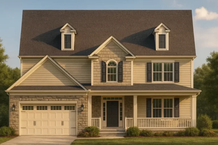 Front elevation of a Traditional Colonial style home featuring stone and horizontal siding, black shutters, and a covered front porch