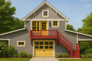 Front view of a Carriage House style garage apartment featuring gray lap siding, shingle gable accents, and bold red and yellow trim with upper balcony and exterior staircase
