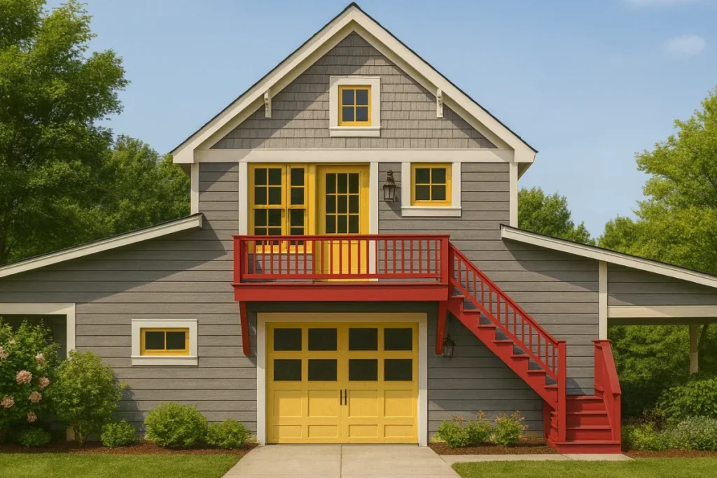 Front view of a Carriage House style garage apartment featuring gray lap siding, shingle gable accents, and bold red and yellow trim with upper balcony and exterior staircase