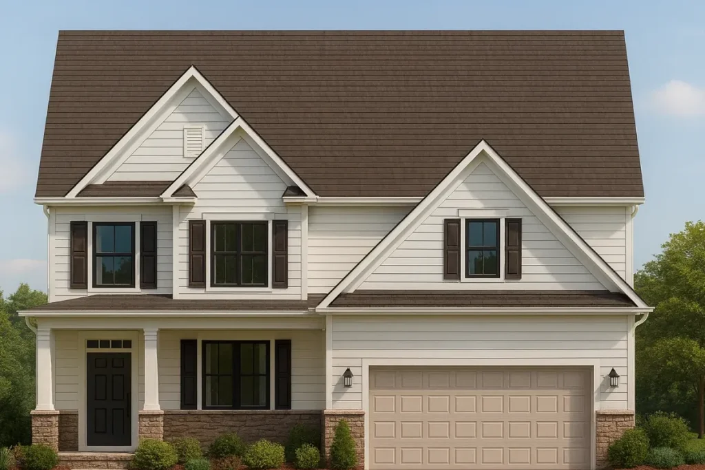 Front view of a two-story Traditional Farmhouse Colonial home featuring horizontal siding, stone wainscoting, and a gable roof with dark shingles