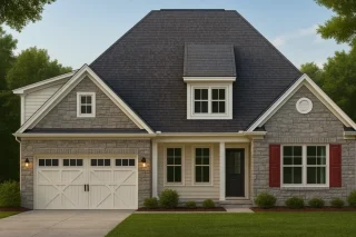 Front elevation of a Traditional Transitional style home featuring a stone and horizontal siding exterior, dark shingle roof, and red window shutters.