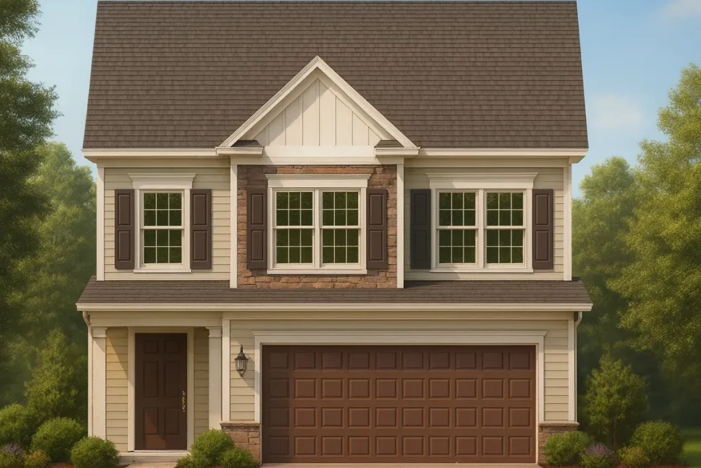 Front elevation of a Traditional Colonial style two-story home with a mix of siding, board and batten, and stone exterior, featuring a gable roof and front-entry garage