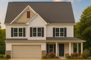 Front elevation of a Traditional Colonial style house featuring horizontal siding, stone wainscoting, black shutters, and a front-entry porch
