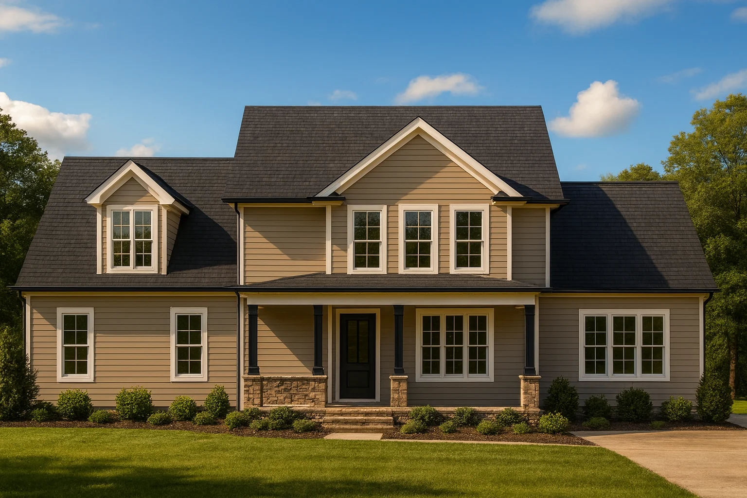 Front elevation of a Traditional Colonial style house featuring horizontal siding, stone wainscoting, black shutters, and a front-entry porch