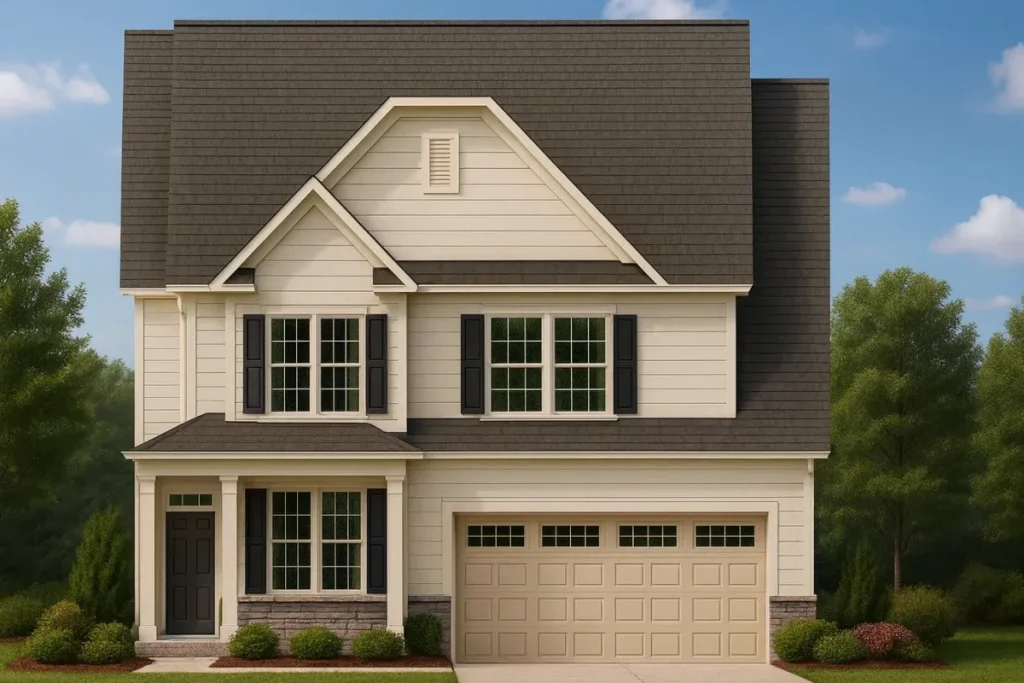 Front elevation of a Traditional Colonial home featuring beige horizontal siding, black shutters, gable rooflines, and partial stone base detailing.