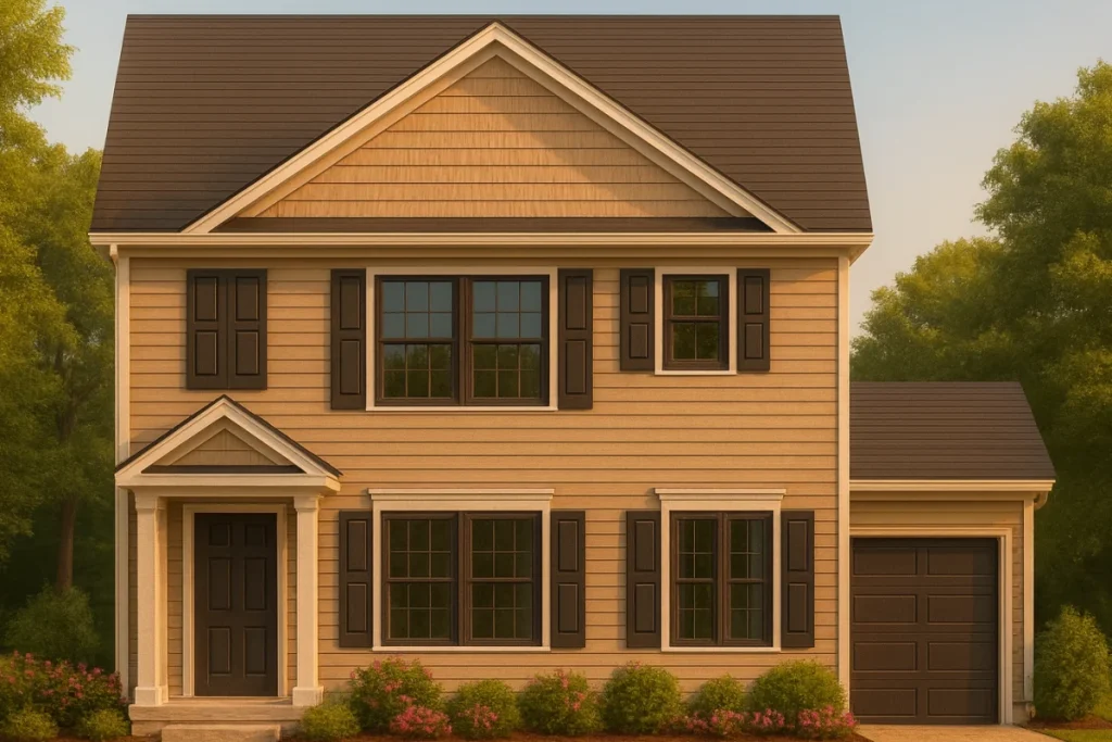 Front elevation of a Colonial style two-story house featuring horizontal lap siding, black shutters, and a traditional covered entry porch with columns.