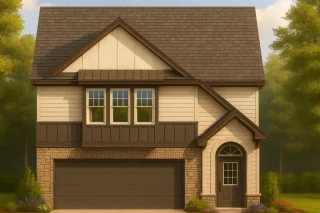 Front elevation of a Tudor Revival style two-story home featuring a combination of brick, board and batten, and horizontal siding exterior with arched entry and gabled roofline