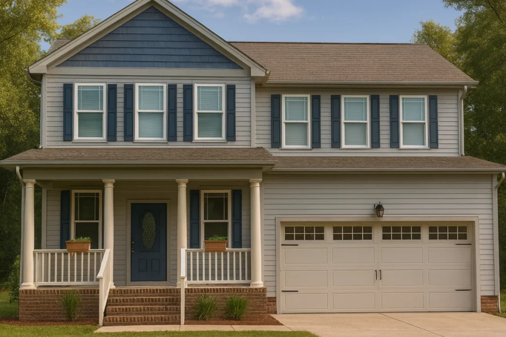 Front view of a Traditional Colonial style home with blue shutters, gray siding, and brick foundation accents beneath a welcoming covered porch.