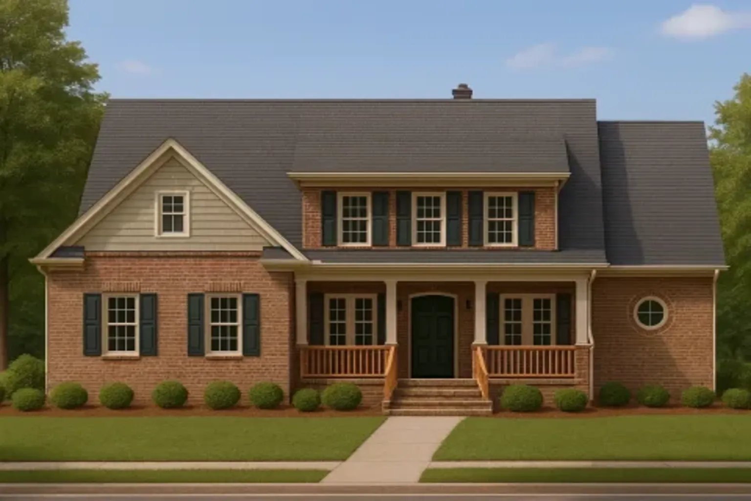 Front elevation of a Traditional Colonial style home featuring a full brick exterior, dark shutters, and a welcoming covered front porch with wood railings